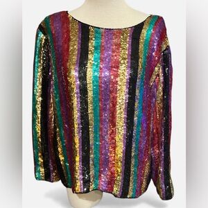 Vintage 80’s Women’s silk Striped Rainbow Sequin Top Jean for Joseph Le Bon XL